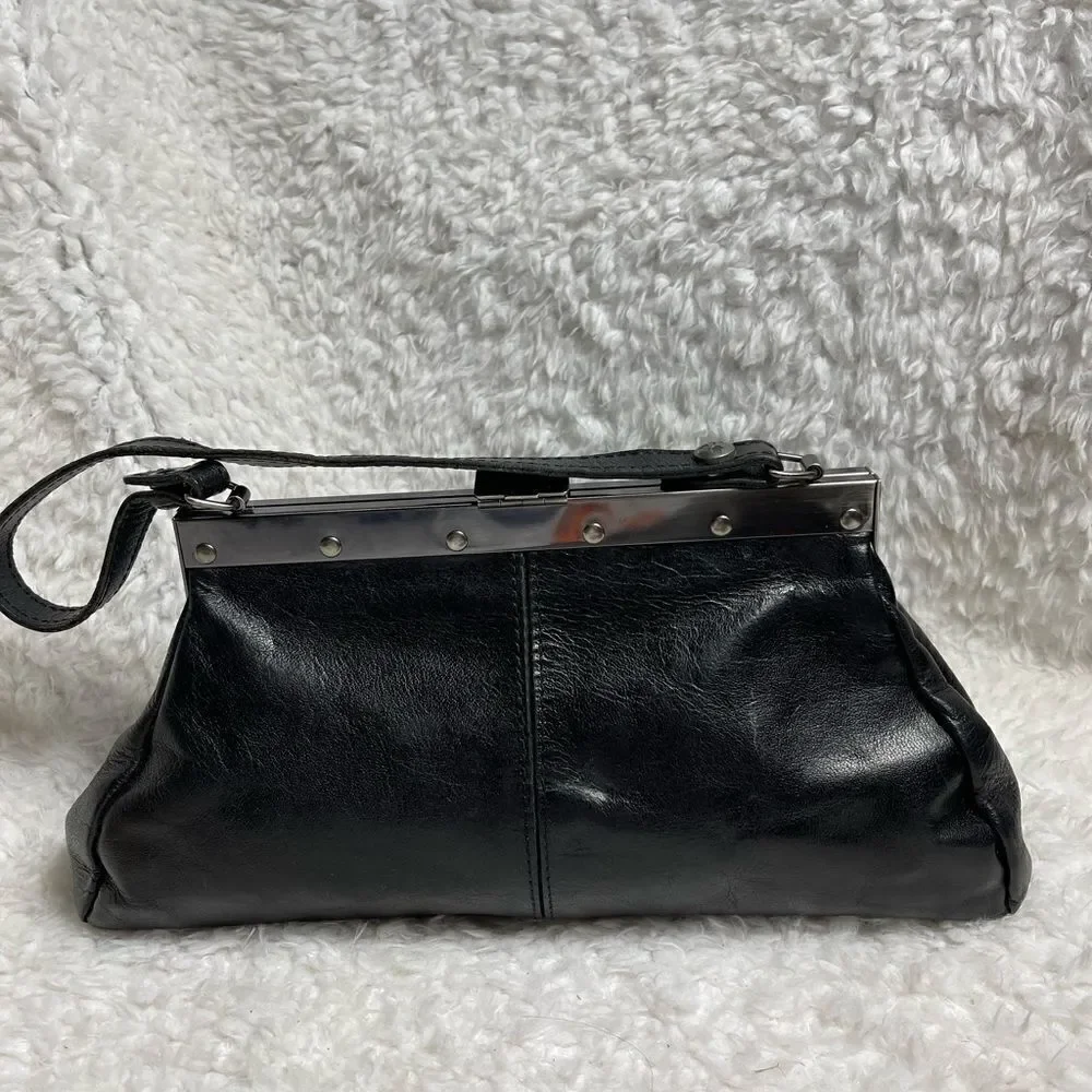 Patricia Nash Black leather & calf hair zebra Stripes silver tone frame Satchel
